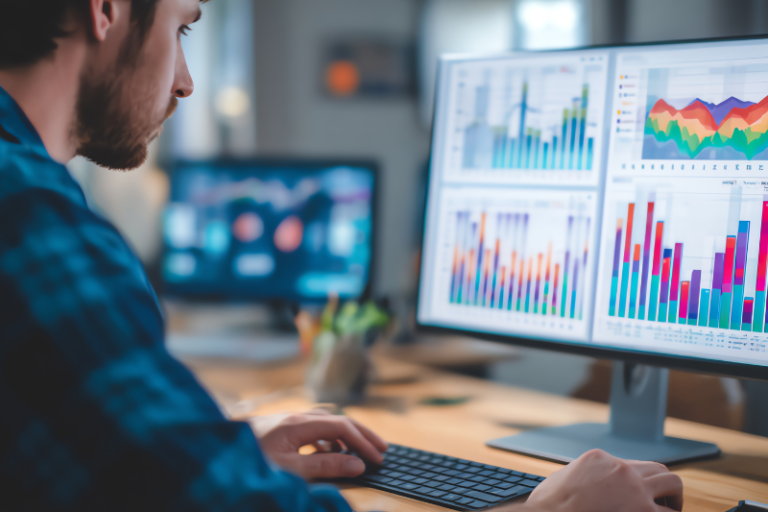 mężczyzna przed komputerem sprawdzający wyniki reklamy firmy
