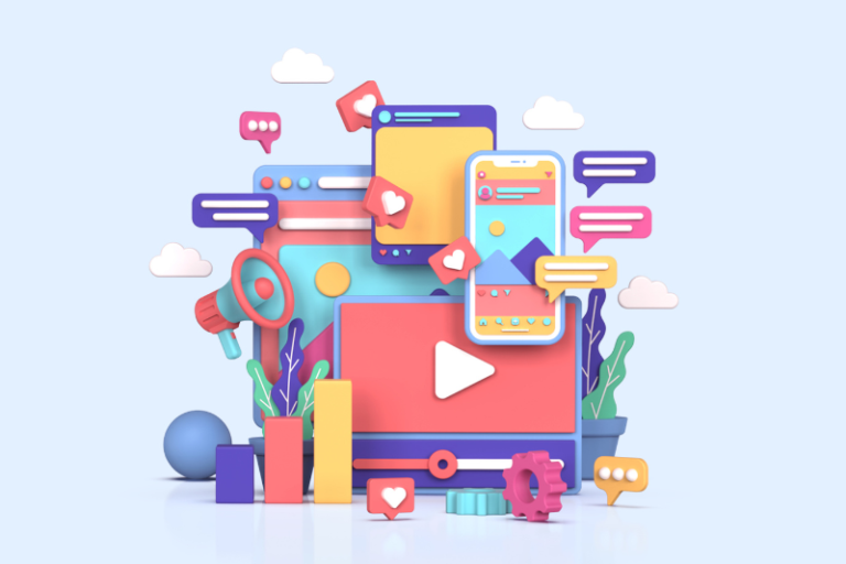 Jak rozgryźć Mata Ads - skuteczna reklama w mediach społecznościowych widoczna na smartfonie i komputerze; ikony komentarzy, serduszek i głośnika oraz wykres wyników wokół ekranów urządzeń